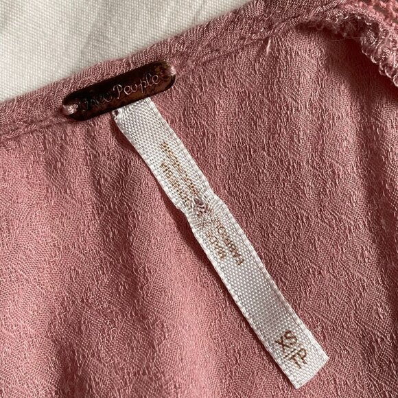 Free People Pink Boho Blouse Top Ruffle Collar Draw String Mid Sleeve Size XS u - Picture 13 of 14